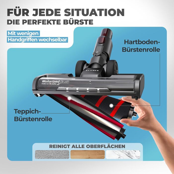 Акумуляторний пилосос KLAMER 2-в-1: вертикальний та ручний, час роботи до 45 хв, HEPA-фільтр для килима, авто та твердих поверхонь, сірий/помаранчевий, 2 акумулятори (по 45 хв)