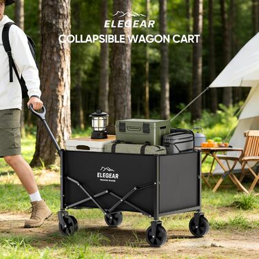 Візок-телега Elegear складний пляжний 120л, 150кг, з гальмами, 2 тримачі для напоїв, 2 бічні кишені, для саду, кемпінгу, чорний