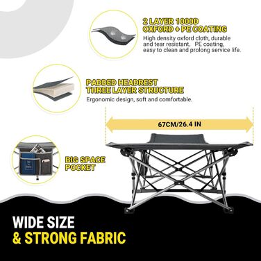 Розкладне ліжко для кемпінгу KingCamp - легке, портативне, з кишенею, 190x67 см, чорно-сірий годинниковий візерунок