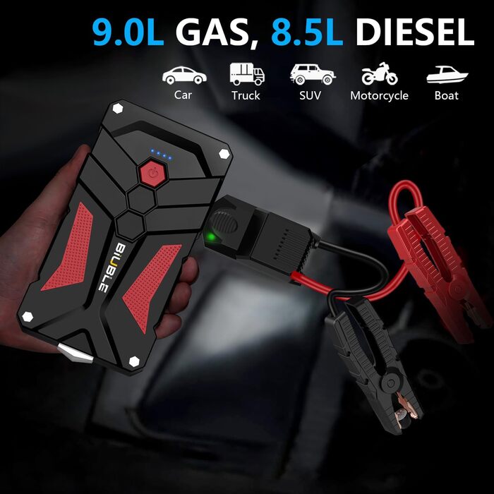 Пусковий пристрій для автомобіля Starthilfe 5000A 12V з LED-ліхтарем та USB. Powerbank для бензинових (до 9.0л) та дизельних (до 8.5л) двигунів.