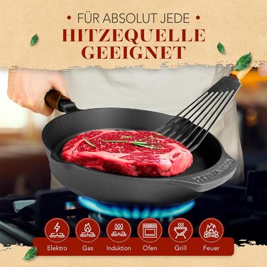 Чавунна сковорода Krustenzauber 28 см для індукції з інструкцією та кулінарною книгою - шліфована чавунна пательня