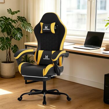 Ігрове крісло Racing Ergonomic з підставкою для ніг та масажним подушкою під поперек, навантаження до 150 кг, екошкіра, офісне крісло (Чорно-жовте)