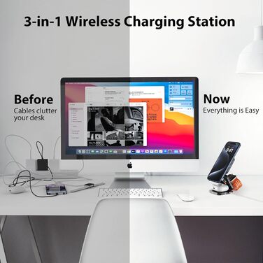 Зарядний пристрій KU XIU X55 Turbo Qi2.2 25W Magsafe 3-в-1 для Apple Watch, iPhone 17-12 та AirPods, складаний, магнітний, з адаптером 45W (Чорний мармур)