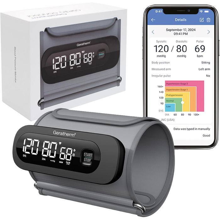 GERATHERM Cardio Connect – Цифровий тонометр на плечі з додатком та інтегрованою манжетою 22-32 см/Тонометр з визначенням аритмії/Вимірювач артеріального тиску