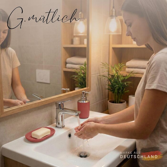 Набір аксесуарів для ванної кімнати 6 предметів, пластик, червоний: туалетний набір, кошик для сміття, стакан для зубних щіток, мильниця, дозатор для мила, декор