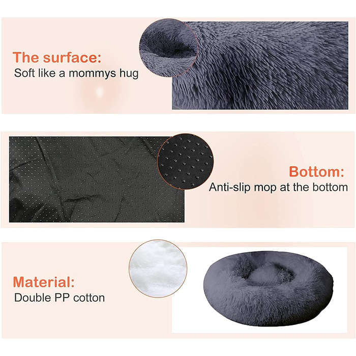 fireowl Donut Dog Bed Large Fluffy: 70cm Soothing Puppy Bed Anti-Anxiety Cat Bed - Plush Pet Bed Round Cozy Washable (L 60 x W 60 x H 20 cm, Grey)