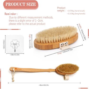 Щітка для тіла з довгим руків'ям, щітка для спини знімний руків'я, 2 насадки, для очищення тіла, скребок для спини в душі, натуральна щетина, Mango Largo