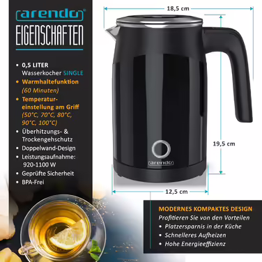Arendo 0.5L Stainless Steel Kettle with Temperature Setting in Double-Walled Design - 0.5L Water Capacity - 5 Adjustable Temperature Levels - Single Teakettle - Keep-Warm Function - Energy-Saving