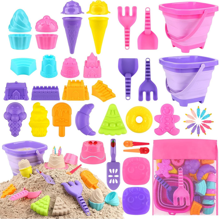 Joyreal 49 Pcs Sand Toy ICE Girl Boy - Sandbox Toys Beach Toys Children's Play Stable with Sand Shovel, Folding Bucket, Sand Molds, Mesh Bag Beach for Kids