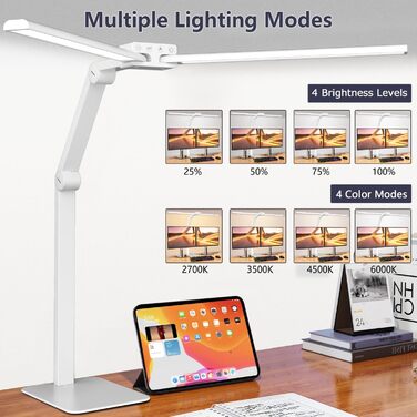 LED настільна лампа KableRika з двома головками: 24W, регулювання яскравості, захист очей, для офісу та дому, сучасне освітлення монітора, білий колір