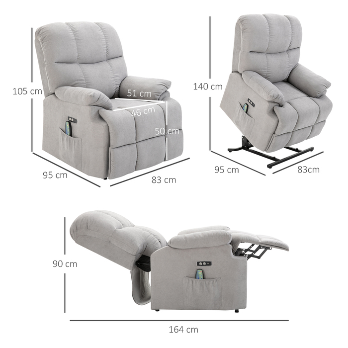 HOMCOM Massage Chair with Rise Assist, Recliner, TV Chair with Heat Function, Adjustable Angle, USB, Remote Control, Short Plush, Grey, 83x95x105 cm