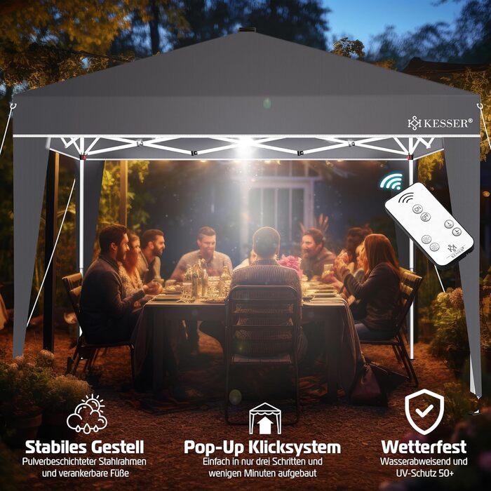 KESSER® Gazebo Folding Gazebo Lighting | Pop-Up Garden Gazebo Height Adjustable, Stable, Waterproof, Winterproof | Party Tent Event Tent UV Protection 50+ incl. Remote Control & Bag (3x3m with LED, Anthracit)