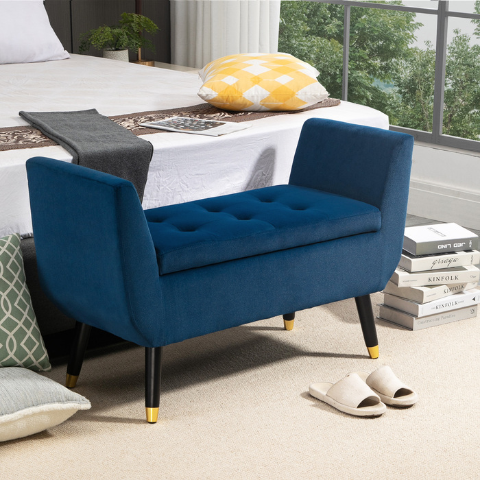 HOMCOM Luxury Bench with Storage, Upholstered Bench Blue from Velvety Polyester, Rubber Wood, with Armrests, 107x42x65cm for Living Room & Entryway