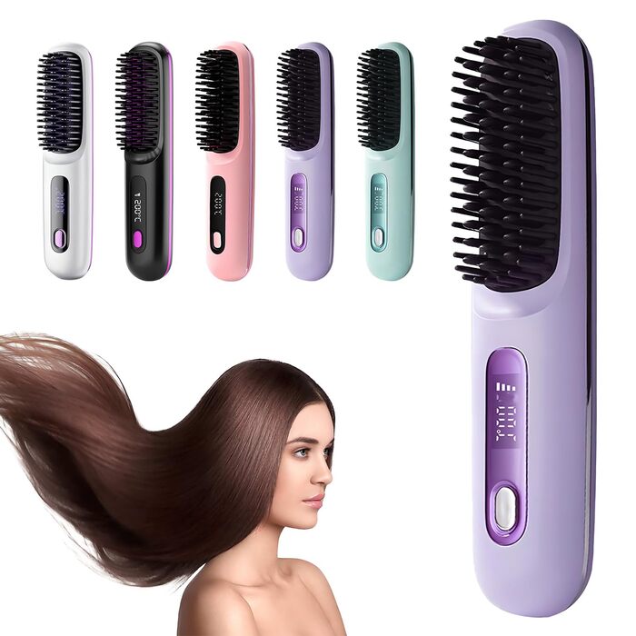 Бездротова щітка-випрямляч для волосся 2-в-1 з функцією завивки, LED дисплеєм та 3 температурними режимами (160°C-200°C), фіолетовий