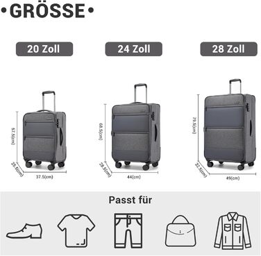 Чемодан British Traveller розкладний, 100L, сірий, з TSA замком та 4 колесами, 79.5x49x32.5 см (S+M+L)