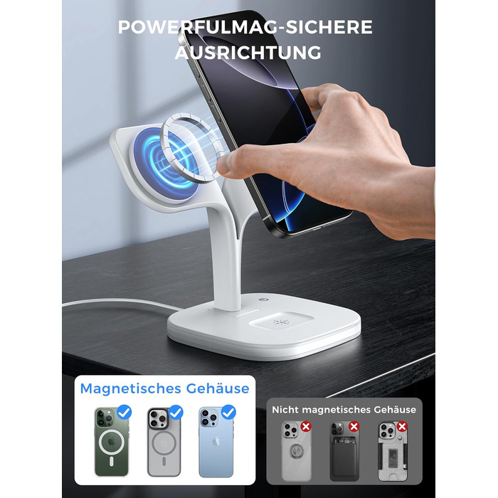 Зарядна станція 3-в-1 для Apple Watch та iPhone з MagSafe, білий колір. Підходить для iPhone 17, 16, 15, 14, 13, 12 Series, Apple Watch 11, 10, 9, 8, 7, 6, 5, 4, 3, 2, SE, Ultra, AirPods Pro/4/3/2. Потужність: 20W.