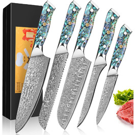 Набір кухонних ножів Damast Santoku 5шт з лезом 18 см (VG-10 сталь, ручка Abalone), подарункова коробка