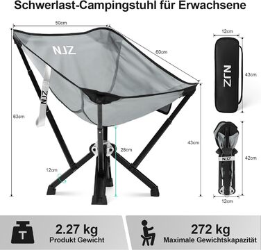 Крісло для кемпінгу NJZ 200-600LBS: складне, міцне, легке, для відпочинку на природі, риболовлі, саду та пікніків (срібний)