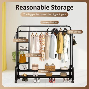 Clothes rack, clothes rod, rolling clothes rack, rolling clothes rod, stable clothes rack, black clothes rack, clothes rack with wheels and two clothes rods (Black)
