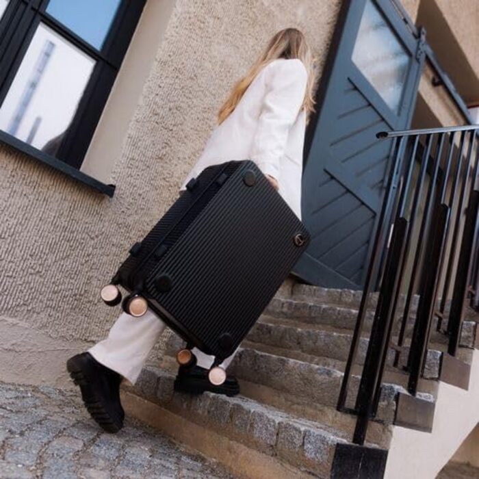 Чемодан ручної поклажі на колесах 35x22x55 см, міцний дорожній чемодан, корпус з полікарбонату, TSA-замок, ідеальний для ручної поклажі, чорний/шампань рожевий