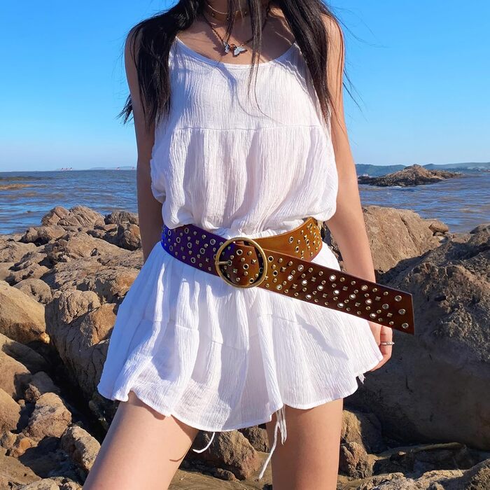 Жіночий широкий пояс JasGood з прорізними заклепками та круглою пряжкою, пояс з заклепками, пояс для талії для вінтажних джинсів, штанів, суконь. Підходить для талії до 88 см (Колір: Коричневий)