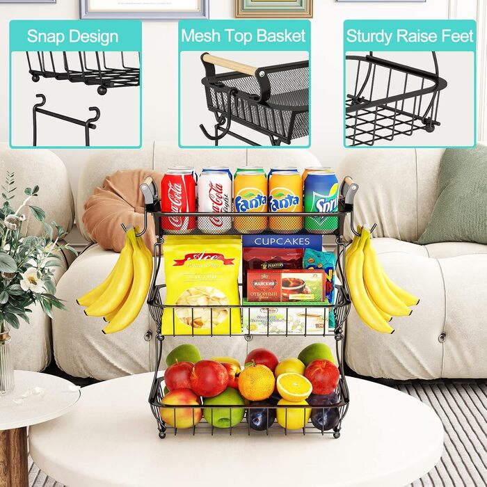 3-Tier Fruit Basket with 2 Banana Hangers for Kitchen Countertop, Vegetable Counter, Storage Holder, Large Capacity, Metal Wire, Fruit Stand, Organizer for Onion, Snack, Black