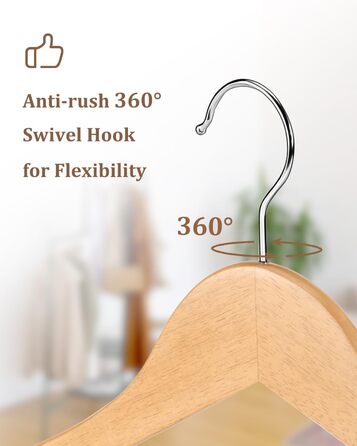Дерев'яні вішалки для одягу AMKUFO, 20 шт., з неслизьким покриттям, обертовий гачок 360°, для джинсів, штанів, курток, сорочок, суконь, натуральне дерево