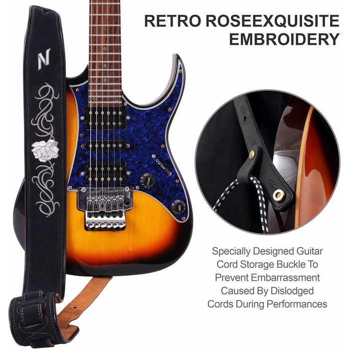 Гітарний ремінь Nefelibata з вишивкою троянд, 2.7', подвійний, з баварської шкіри, з пінополіуретановим наповнювачем, для акустичної, бас та електрогітари