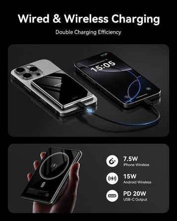 Power Bank Magsafe 5000mAh/10000mAh (Сірий/Чорний) - Бездротова зарядка, PD 20W, USB-C, Тонкий, для iPhone 16/15/14