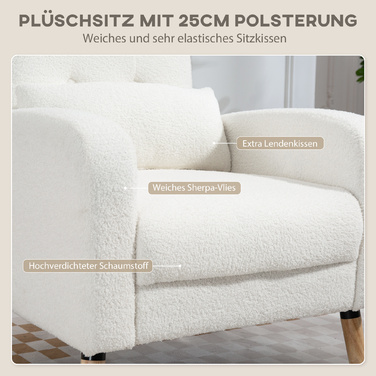 HOMCOM Lounge Chair, Armchair with Lumbar Pillow, Upholstered Armchair with Wooden Legs, Fleece Fabric, Reclining Single Chair for Living Room, Bedroom, White | Aosom