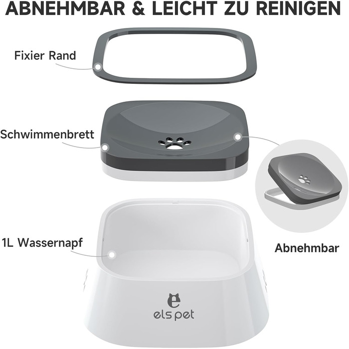 Напійник для собак ELS PET: 1л, витокозахисний, для подорожей, анти-розливання, сірий