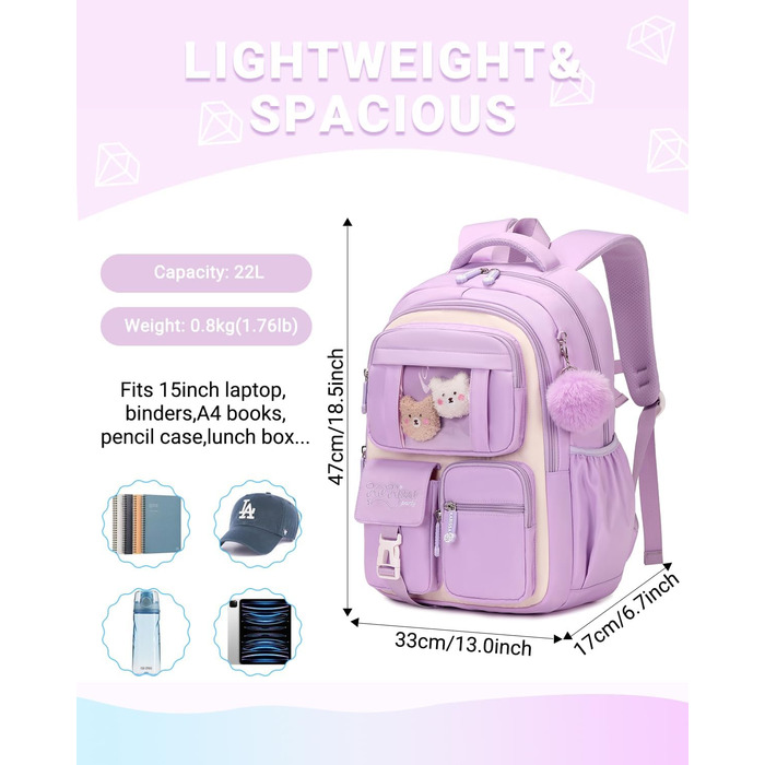 Дитячий рюкзак для школи DivingBirds для дівчаток 2-7 клас, 22L | Легкий, з дихаючим вкладишем спинки та м'якими лямками | Рюкзак для підлітка 7-10 років (фіолетовий)