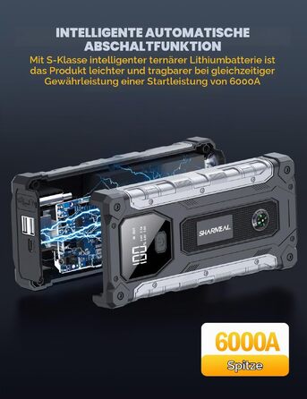 Пусковий пристрій (бустер) для автомобіля SHARMEAL 10000A, 12V Powerbank для бензинових та дизельних двигунів до 10.0 л, з LCD-дисплеєм та LED-ліхтарем