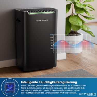 Зволожувач повітря Erikssøn з LED-дисплеєм, таймером та захистом для дітей | видаляє 20 л вологи на добу | для приміщень до 175 м³ | енергоефективний, з датчиком вологості, чорний