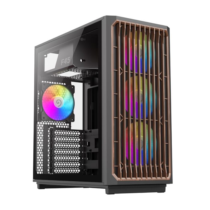 Корпус ПК GAMEMAX F45 Mid-Tower чорного кольору з дерев'яним декором, 4x ARGB PWM вентилятори, сумісний з BTF материнськими платами, скляна бічна панель, для геймінгу