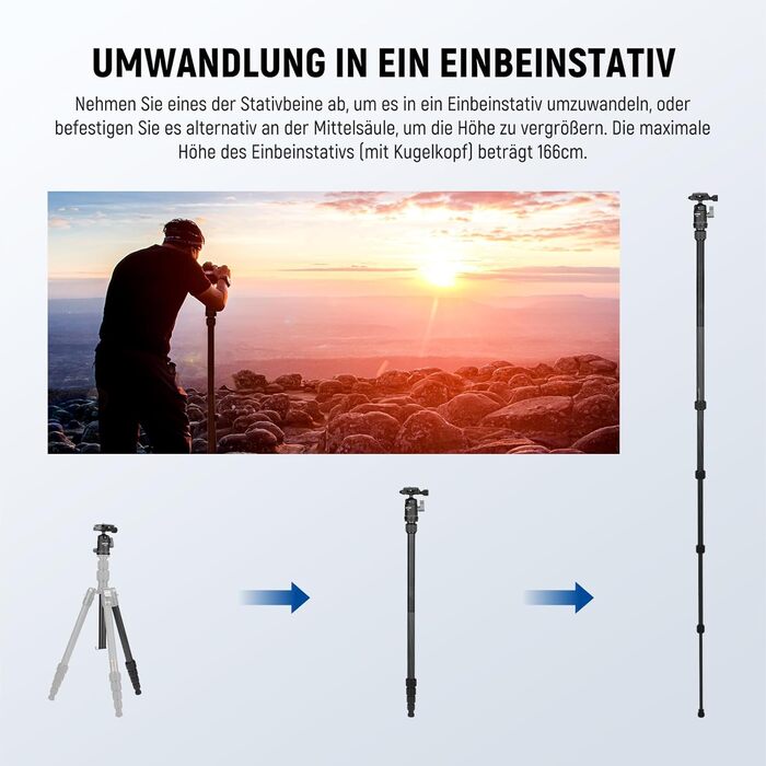 Штатив для камери NEEWER 77' з моноподом, кульковою головкою 360° та Arca QR-пластиною, компактний, легкий, з алюмінію, для подорожей, відеозйомки, максимальне навантаження 6 кг (TP39)