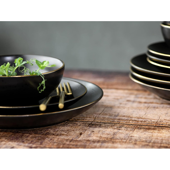 CreaTable Geschirr Set INDUSTRIAL GOLD: 16-teilний сервіз для 4 осіб (чорний), з каменю, для посудомийної машини та мікрохвильової печі