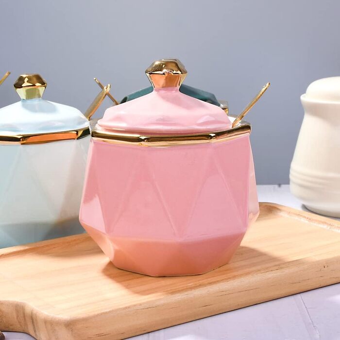 Sugar bowl with lid and spoon, 270 ml ceramic sugar bowl, multifunctional sugar container, spice container, salt shaker, spice dishes, sugar bowl for the kitchen, organization, 280 ml (pink)