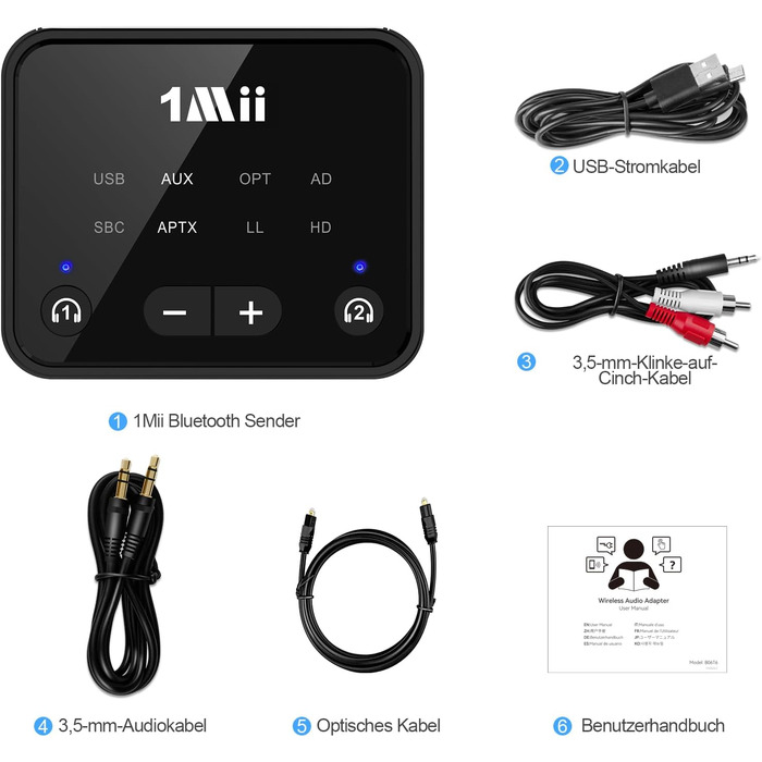 Bluetooth 5.3 трансмітер 1Mii для телевізора з підтримкою aptX Low Latency та Dual Link, B06T6-US