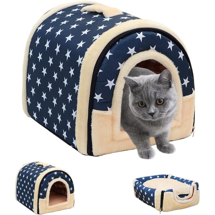 Кітчине будиночок з плюшу, лежанка-печера для котів з м'яким плюшевим подушечкою, складаний будиночок-печера для котів, кроликів, морських свинок, кошенят до 2.5 кг, 35x32x28 см