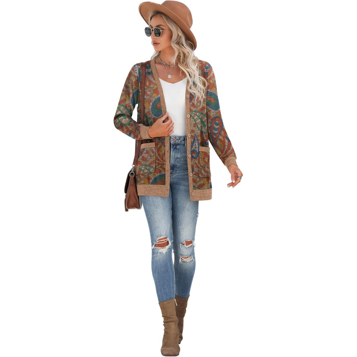 Жіночий в'язаний кардиган Grecerelle з довгими рукавами, V-подібний виріз, з кишенями та ґудзиками, м'який, довгий, стильний, з візерунком пава, червоний (S)