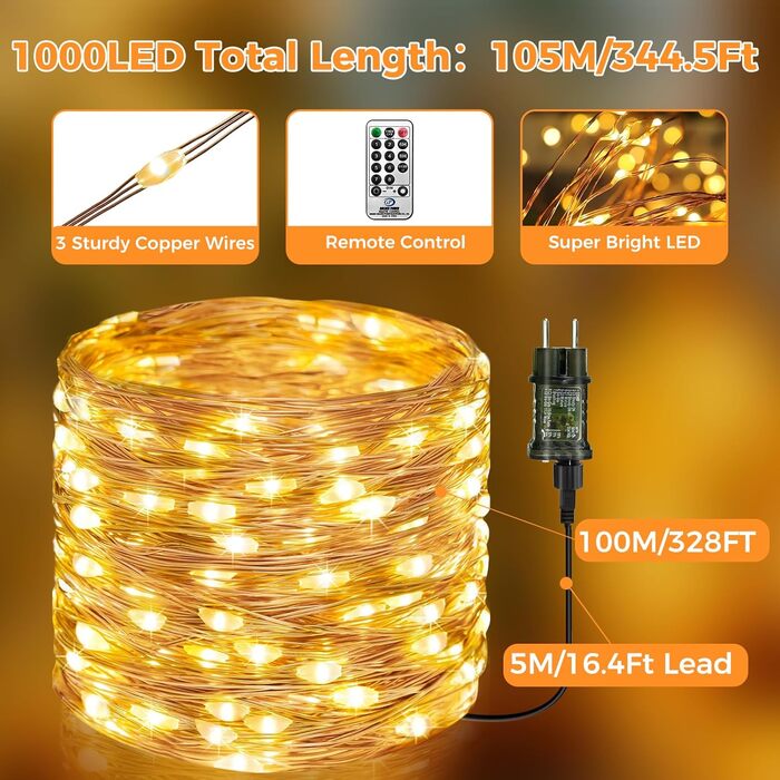 Льорочка LED 200 LED, 100 м, тепле біле світло, для дому та саду, з пульт керування, таймер, 8 режимів, вологостійка, для декору