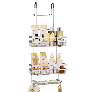 Настінна поличка для душу SWTYMIKI з нержавіючої сталі, сірого кольору - 2 корзини, 2 мильниці, 14 гачків