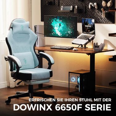 Ігровий крісло Dowinx з тканиною, пружинним сидінням та масажем попереку, з підніжкою для дорослих. Ергономічне, велике та високе крісло для офісу та ігор, до 135 кг, колір - аква