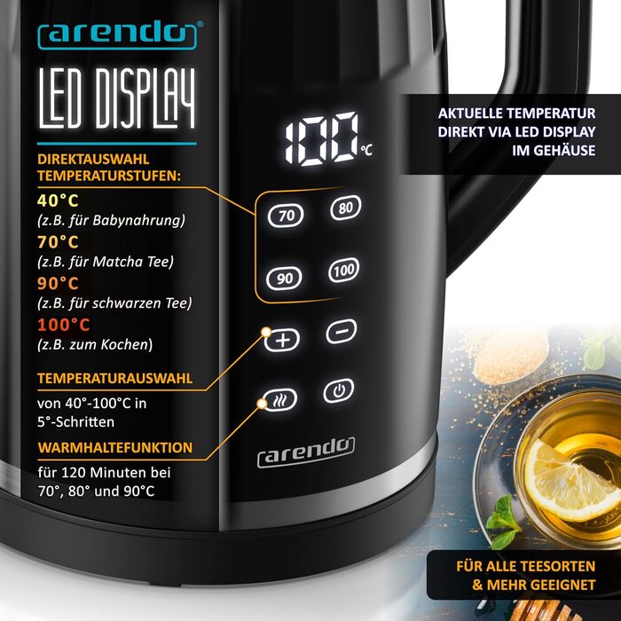 Електричний чайник Arendo з регулюванням температури, нержавіюча сталь, подвійні стінки Cool Touch, дисплей, бездротовий, 2200 Вт, 1,7 л, захист від перегріву, функція підтримання тепла, чорний