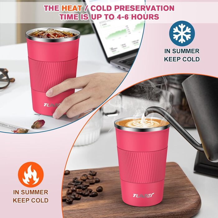 Термокружка для кави з кришкою 380мл, з подвійними стінками, з нержавіючої сталі, для гарячих та холодних напоїв (Рожевий)