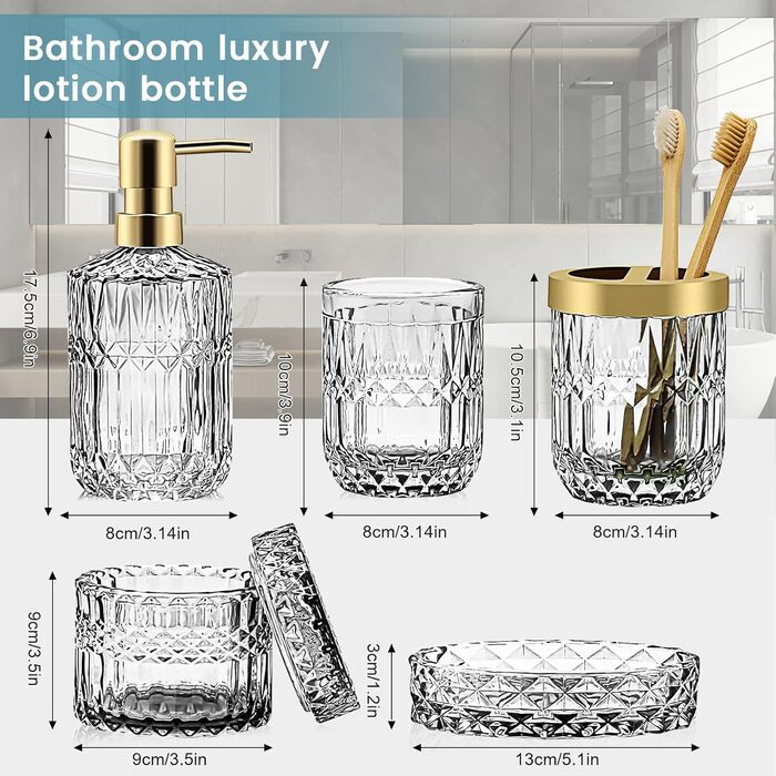 Набір аксесуарів для ванної кімнати зі скла, 5 шт. (Дозатор для лосьйону, мильниця, тримач для зубних щіток, стакан, ватні палички)