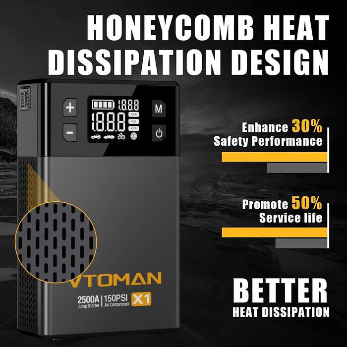 VTOMAN X1: Портативний акумуляторний пусковий пристрій з компресором, 2500A, для авто (бензин до 8.5 л, дизель до 6 л), 150 PSI, 12V, сірий