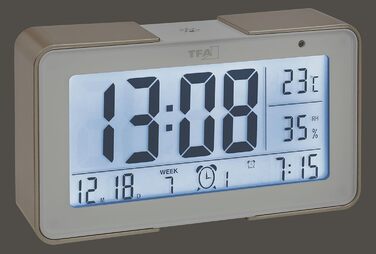 TFA Dostmann Melody Funk Alarm Clock, 60.2540.53, with various alarm tones (melodies, animal sounds, alarms), 14 x 4 x 8 cm, white/champagne color, plastic