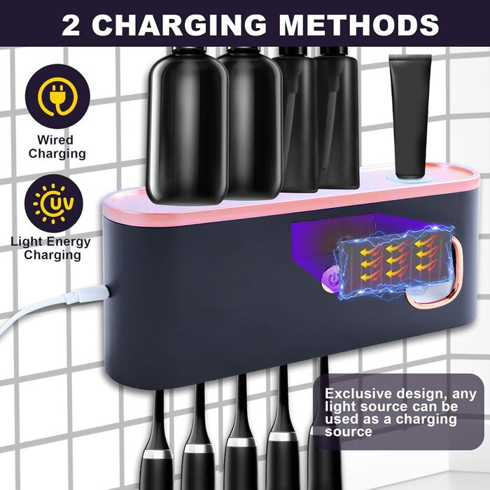 Автоматичний диспенсер зубної пасти з UV-дезінфекцією та тримачем для зубних щіток на 6 щіток, монтаж без свердління. Підходить для дітей та дорослих. Чорний колір